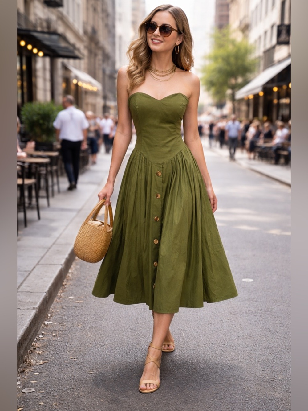 CLUES COLLECTION Vintage Strapless Olive Green Sweetheart Neckline Midi Dress